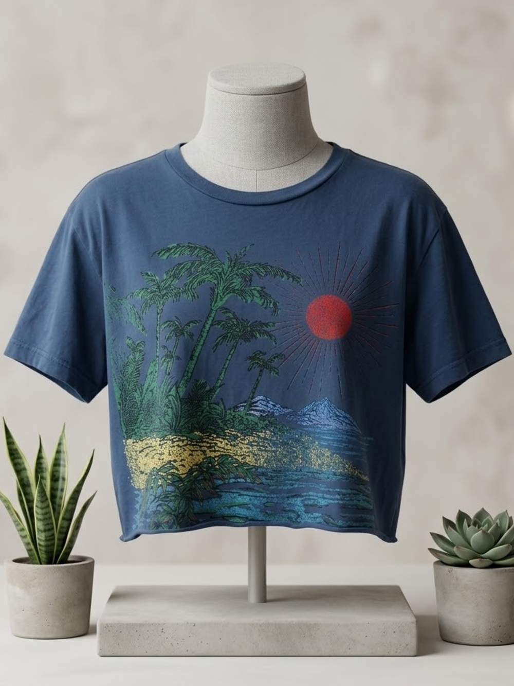 Mother Brand Blue Graphic Crop Tee with Tropical Sunset